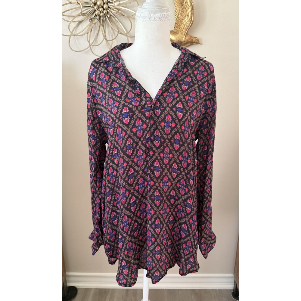 APNY Womens Large Boho Floral Tunic Blouse Sheer‎ Button Front Top L